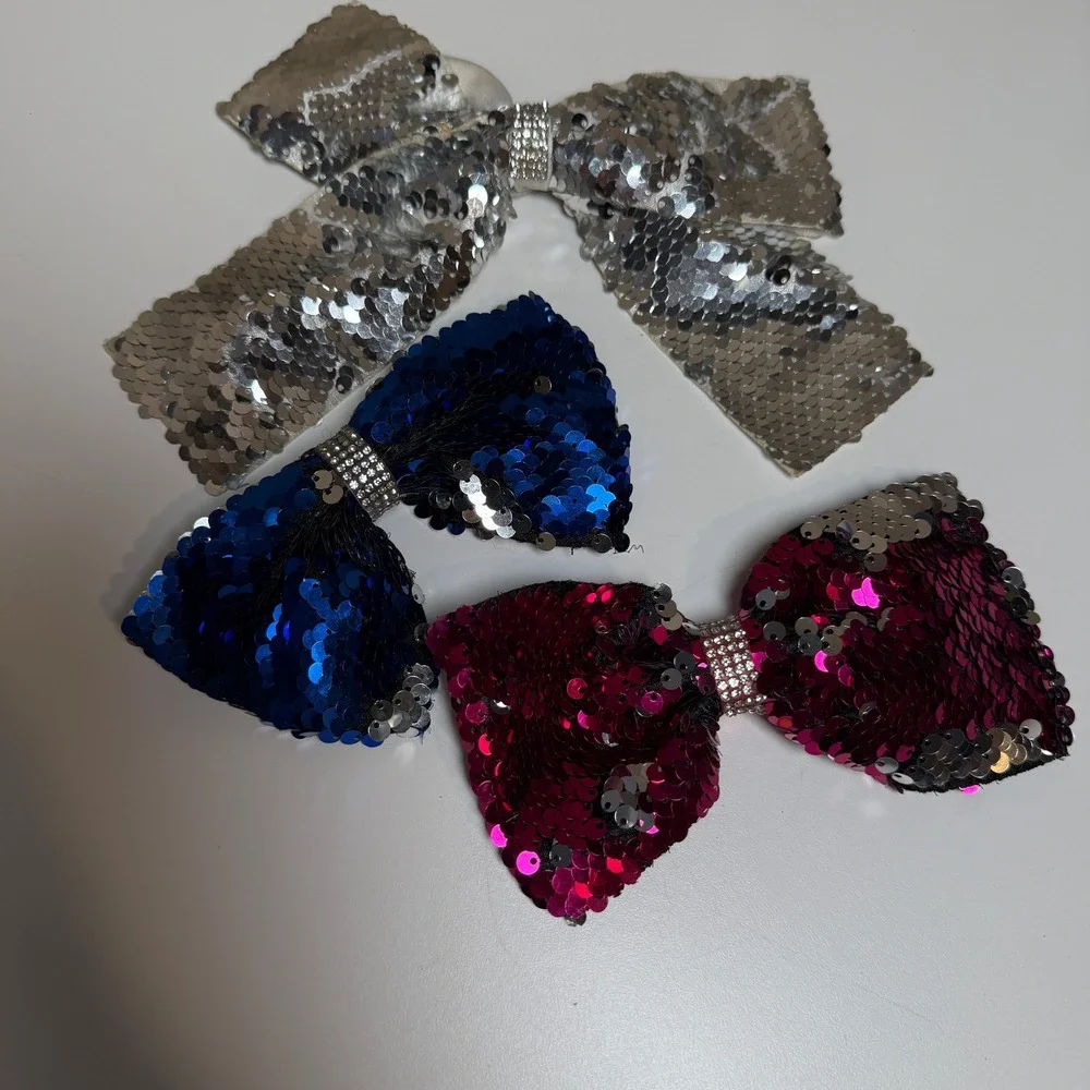 Kids‎ Sparkle Sequin Bow Hair Clips Set 3 Colors Blue Pink Silver